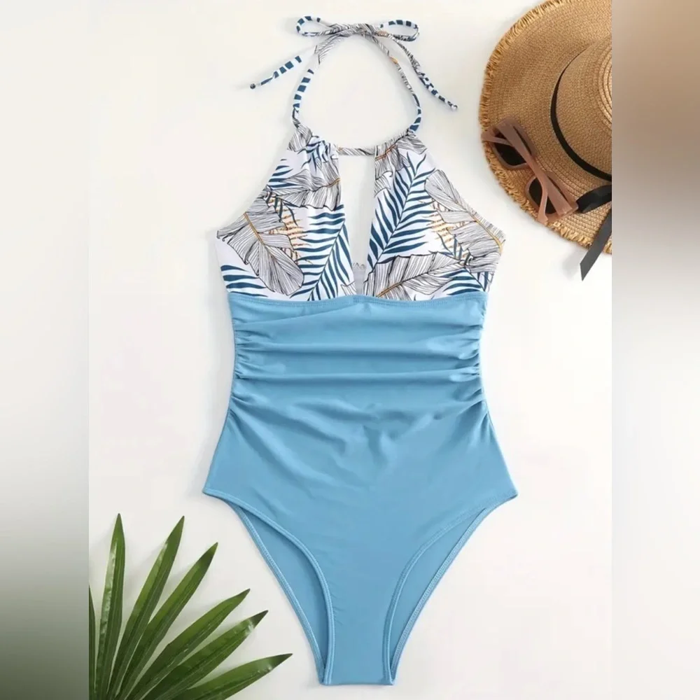 Womens Fashion Blue Leaf Print High Cut Halter One Piece Swimsuit XL
